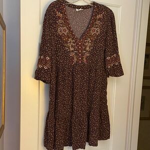 J Jill Embroidered Brown Boho Dress XL